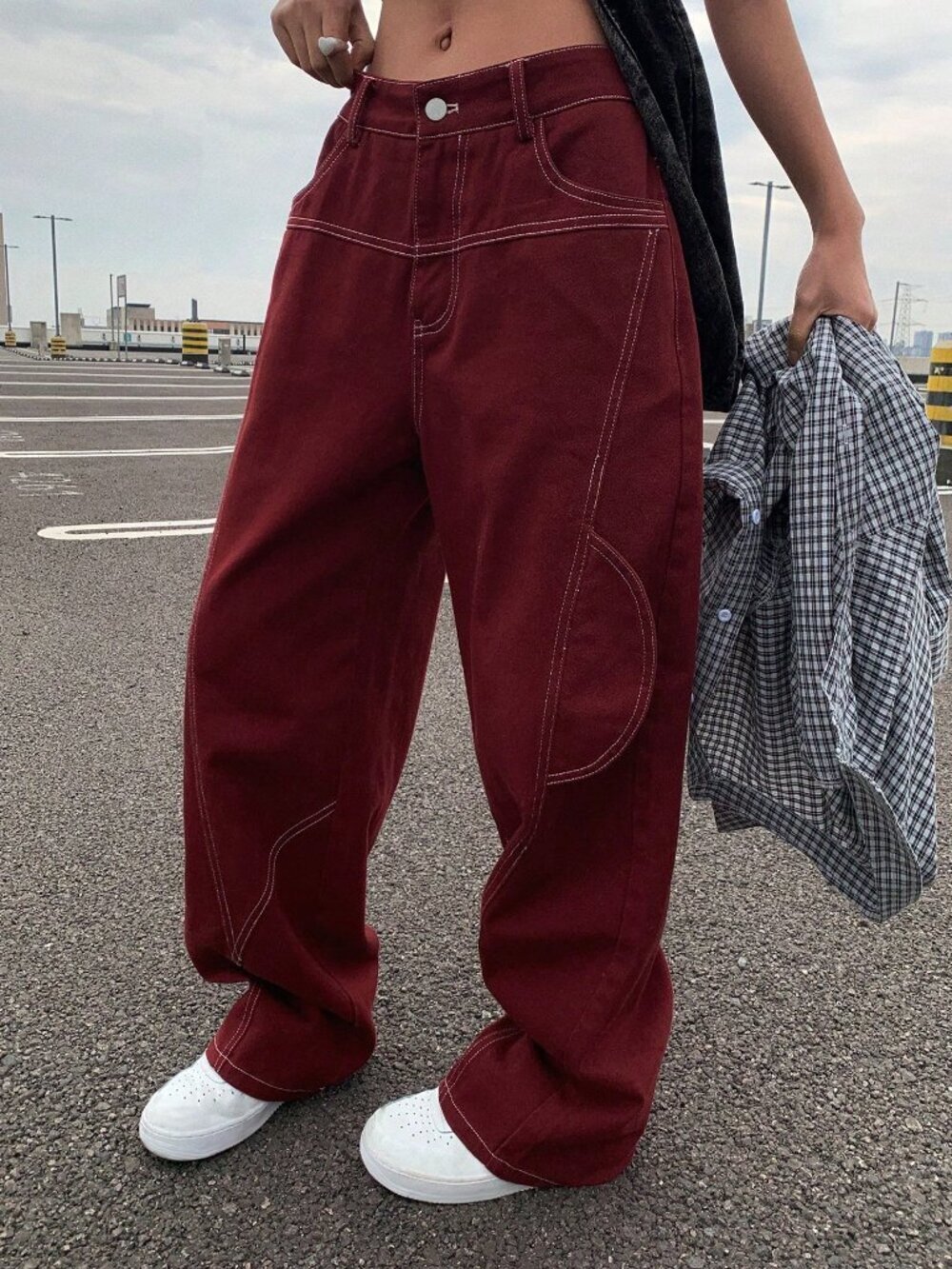Burgundy Casual Women's Loose Fit Cargo Jeans Y2k